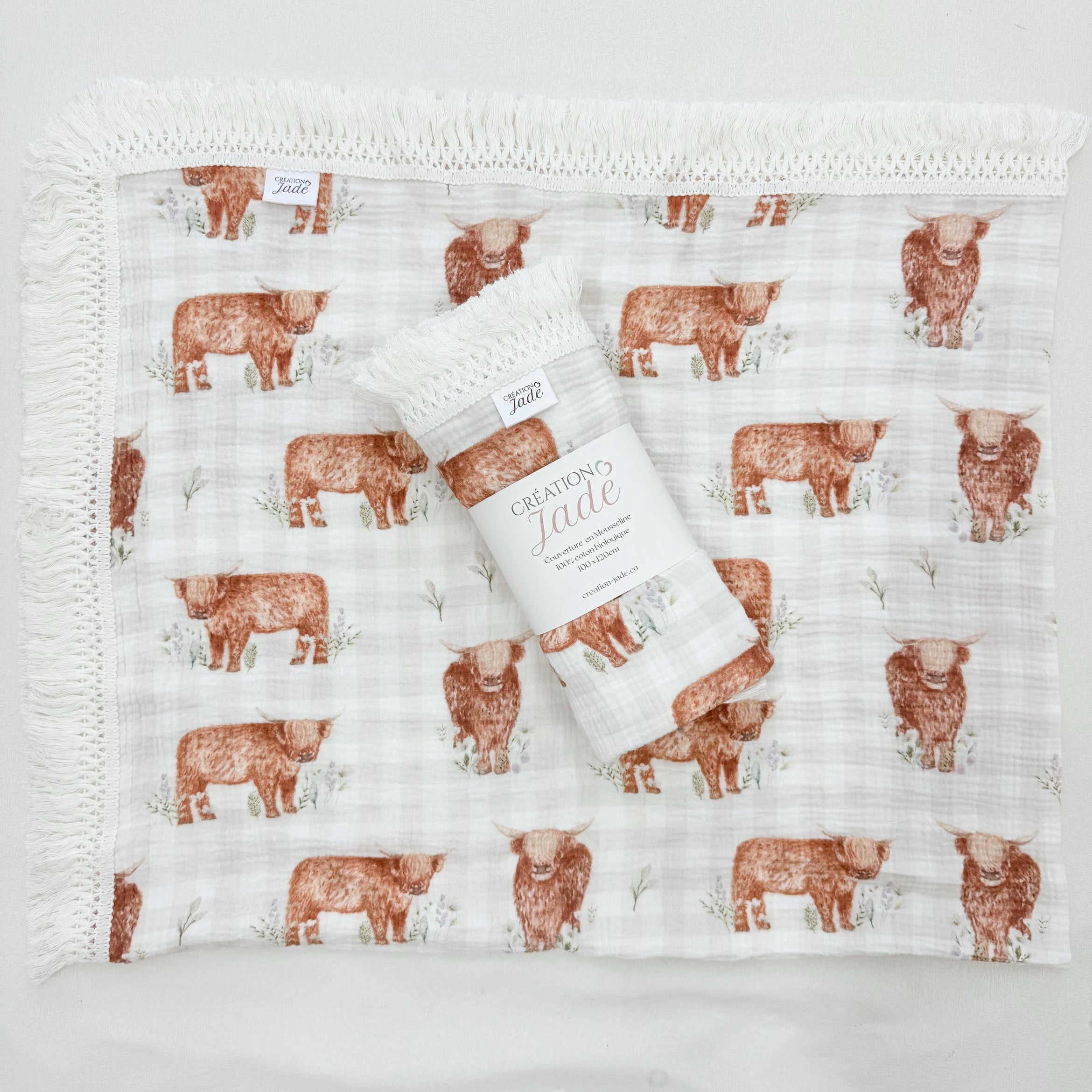 Mousseline Création Jade - Coton biologique - Vache highland et carrots -Edouard