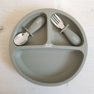 Trio Assiette à succion et ustensiles - Inox & Silicone