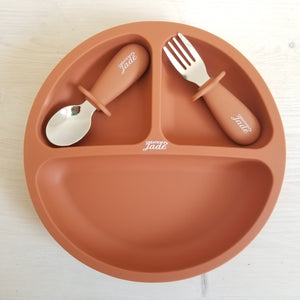 Trio Assiette à succion et ustensiles - Inox & Silicone